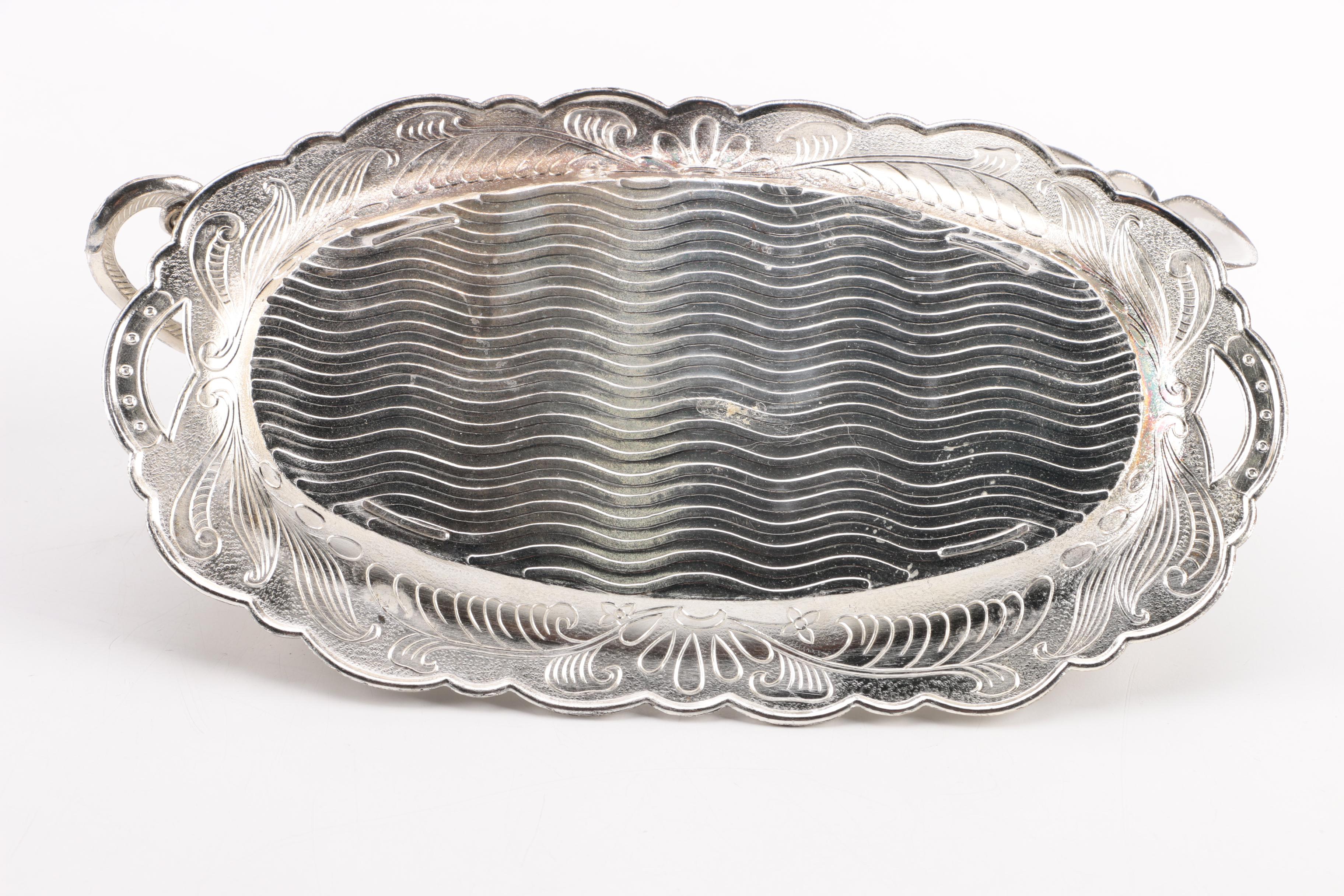 Silver Plate Over Enamel Molded Floral Cream and Sugar Bowl Set