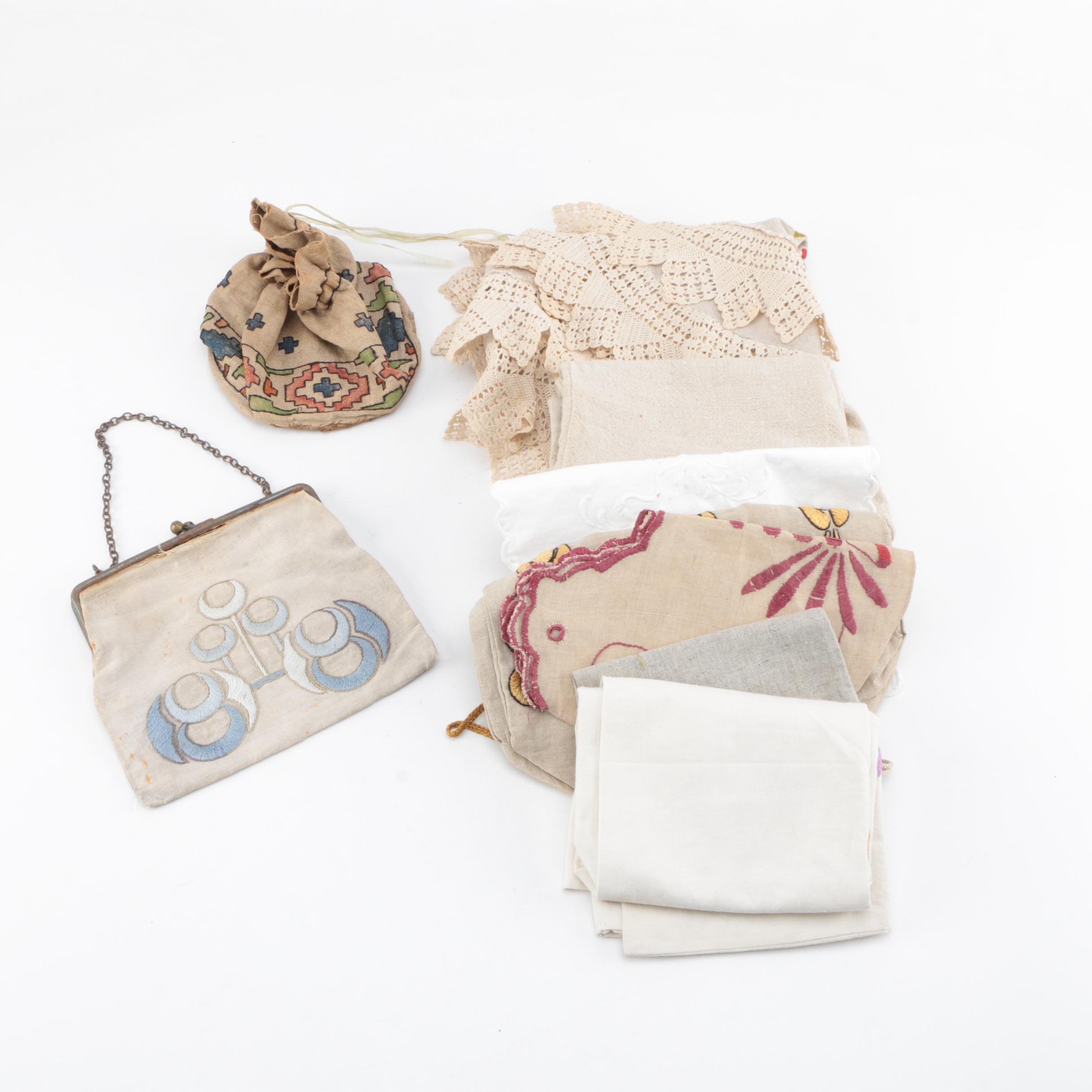 Vintage Purse, Drawstring Bags and Linens
