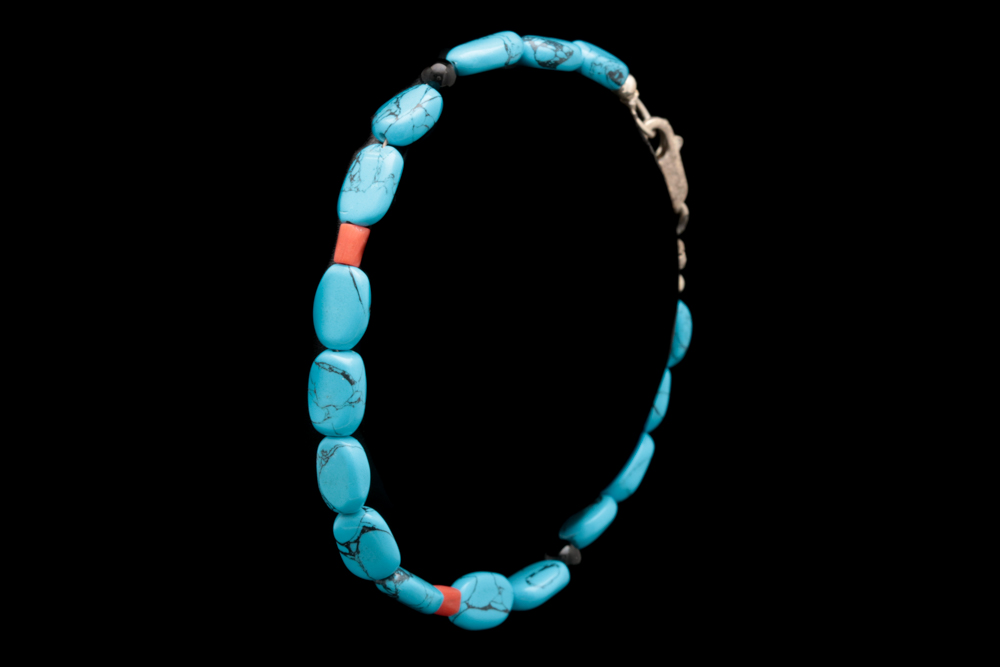 Turquoise, Coral and Onyx Bracelet with Sterling Silver Clasp