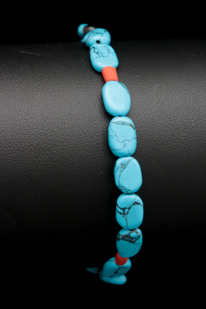 Turquoise, Coral and Onyx Bracelet with Sterling Silver Clasp