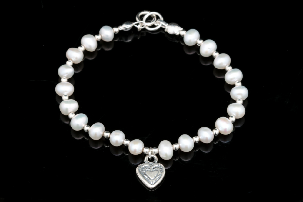 Sterling Silver and Pearl Heart Charm Bracelet