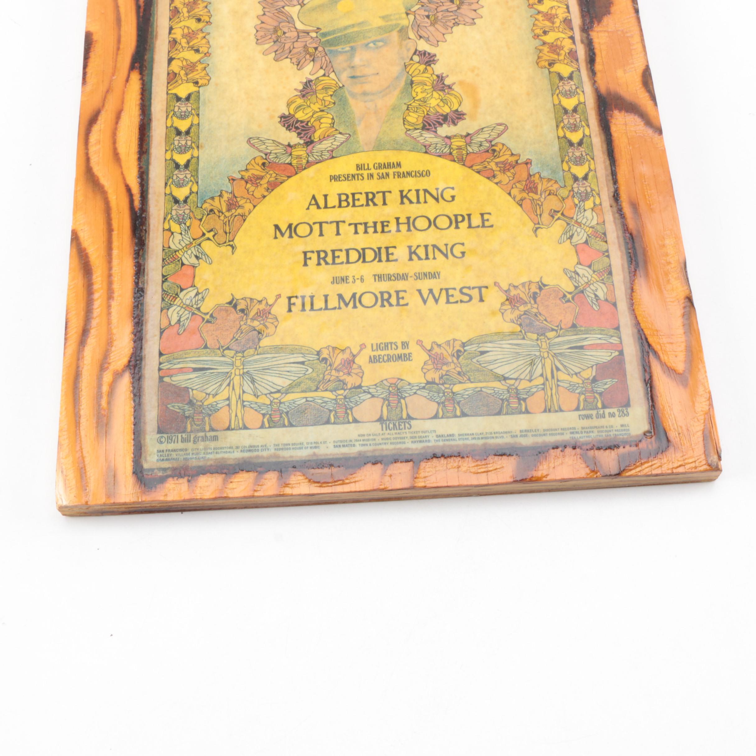 Vintage Concert Posters on Wood Panel Featuring Albert King and Fleetwood Mac