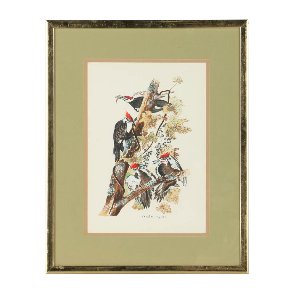 1983 David Mintz Watercolor Painting of Woodpeckers