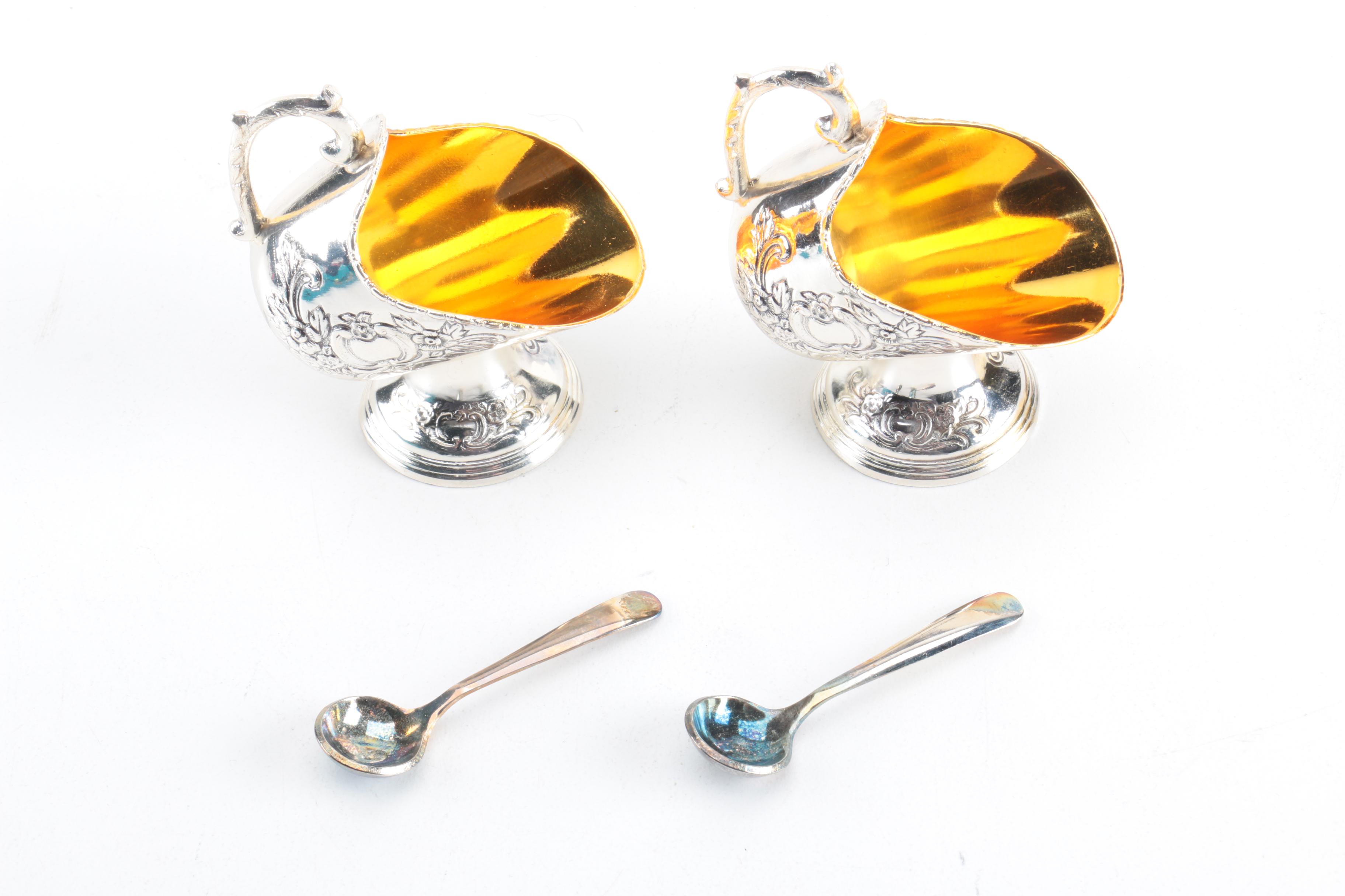 Raimond Silver Plate Salt Cellars with Lead and Copper Sugar Bowl and Creamer