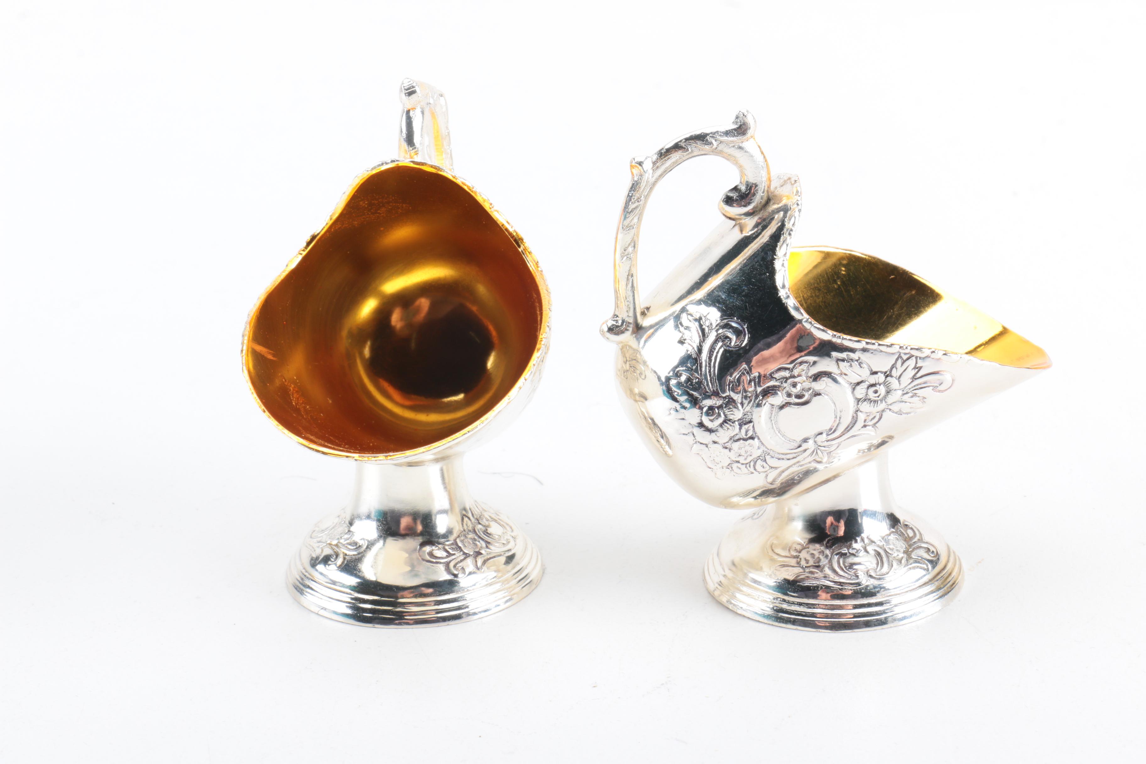 Raimond Silver Plate Salt Cellars with Lead and Copper Sugar Bowl and Creamer