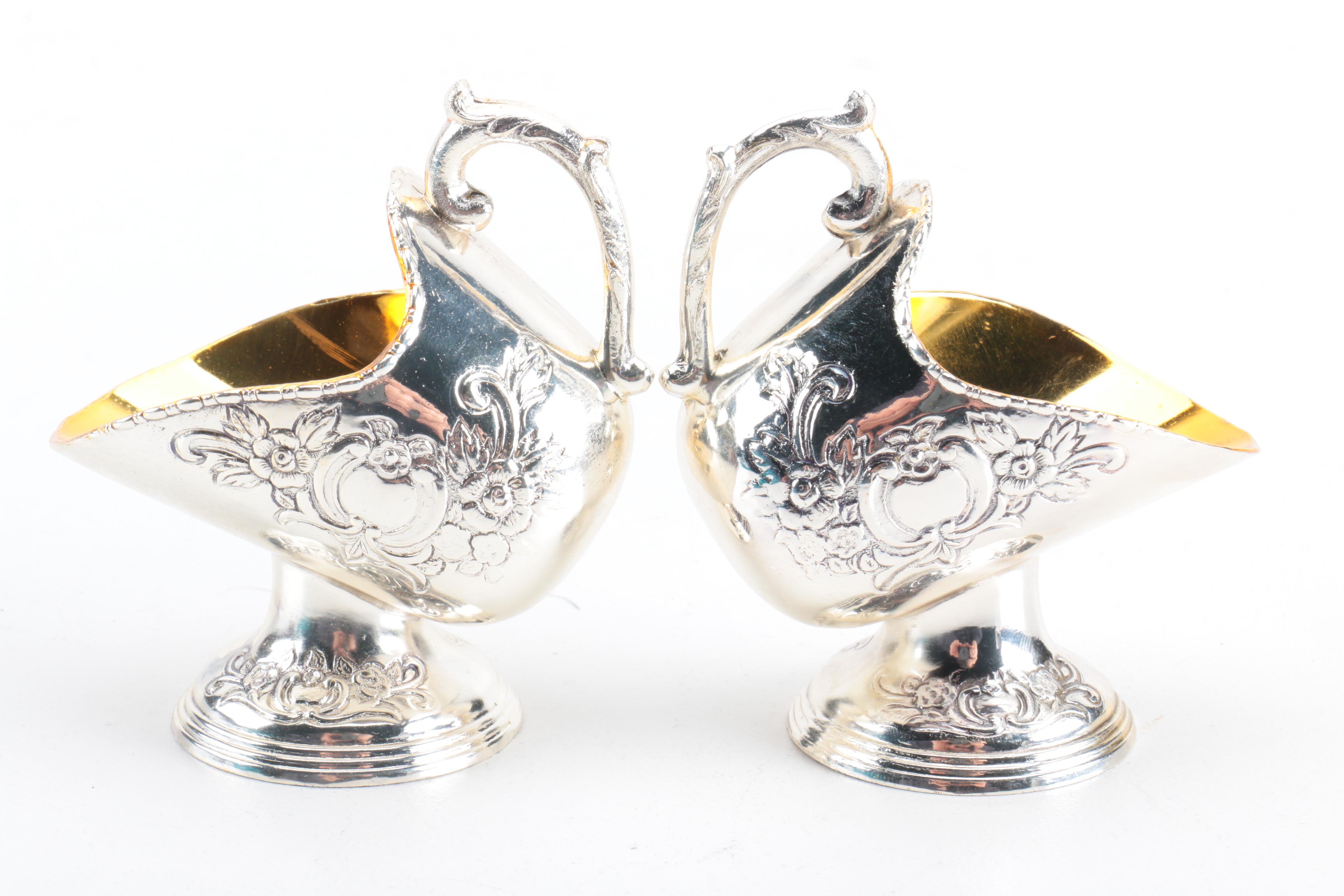 Raimond Silver Plate Salt Cellars with Lead and Copper Sugar Bowl and Creamer
