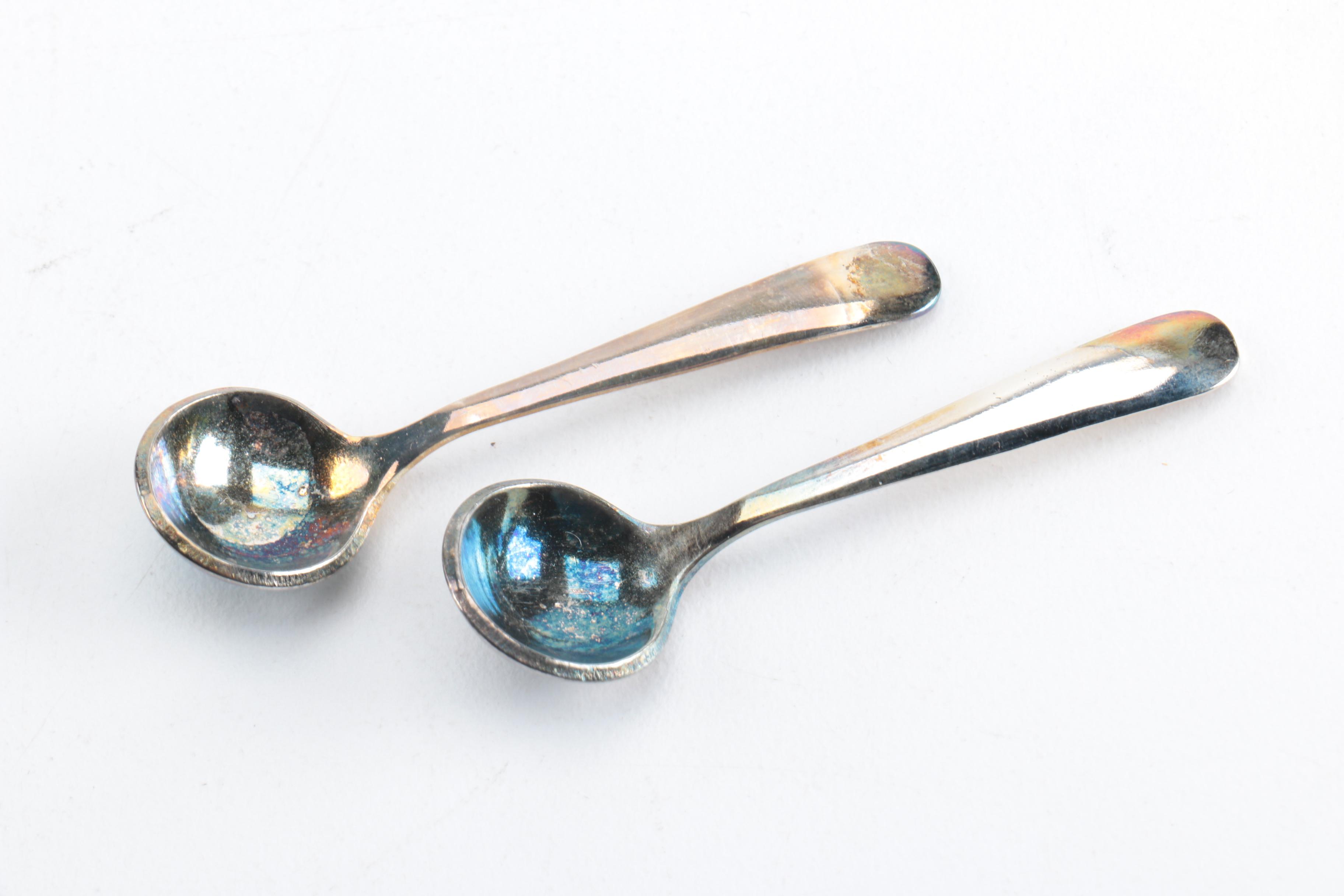 Raimond Silver Plate Salt Cellars with Lead and Copper Sugar Bowl and Creamer