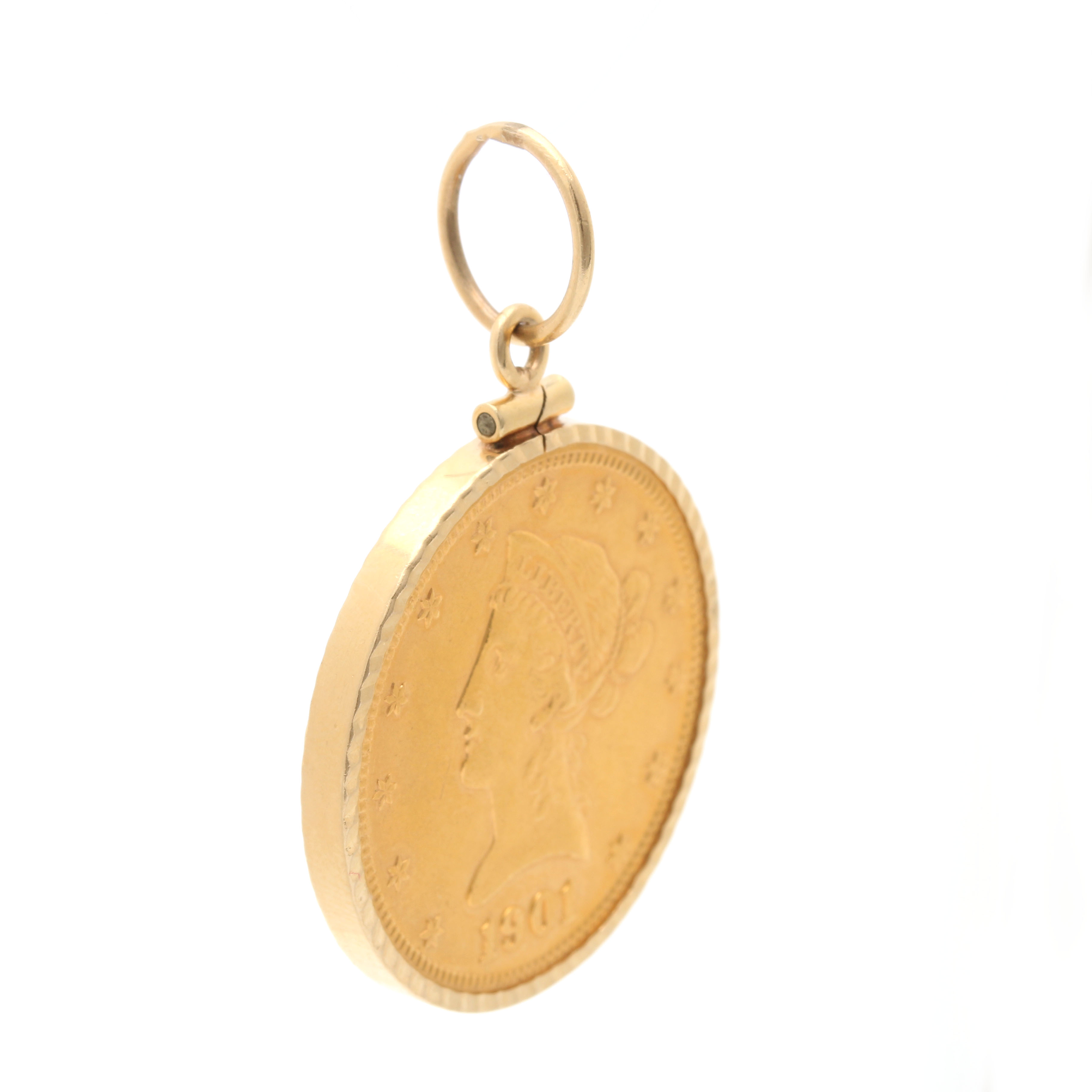 1901 Liberty Head Ten Dollar Gold Eagle Coin 14K Yellow Gold Pendant