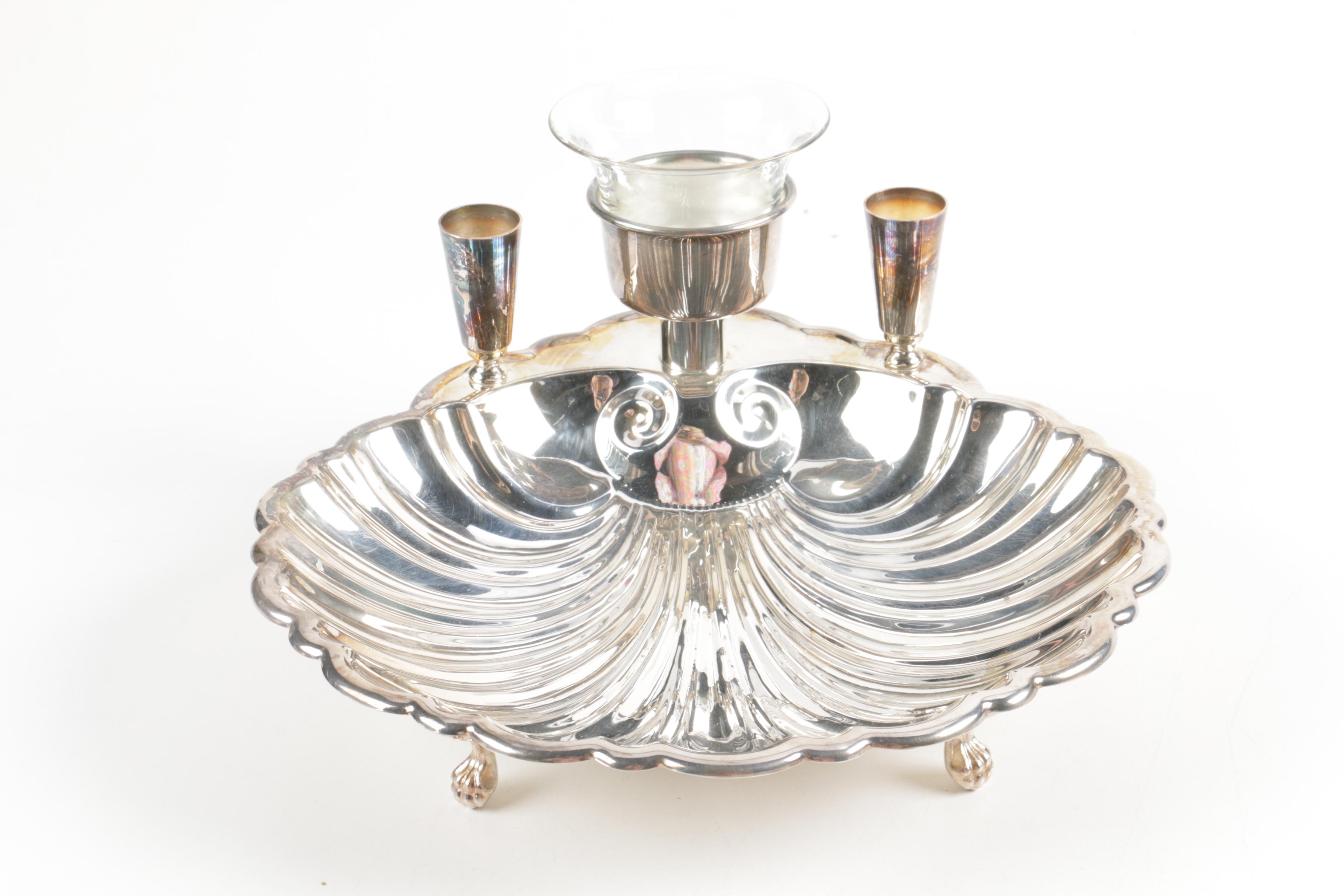 Sheffield Silver Co. Silver Plate Shell Centerpiece and Glass Bowl