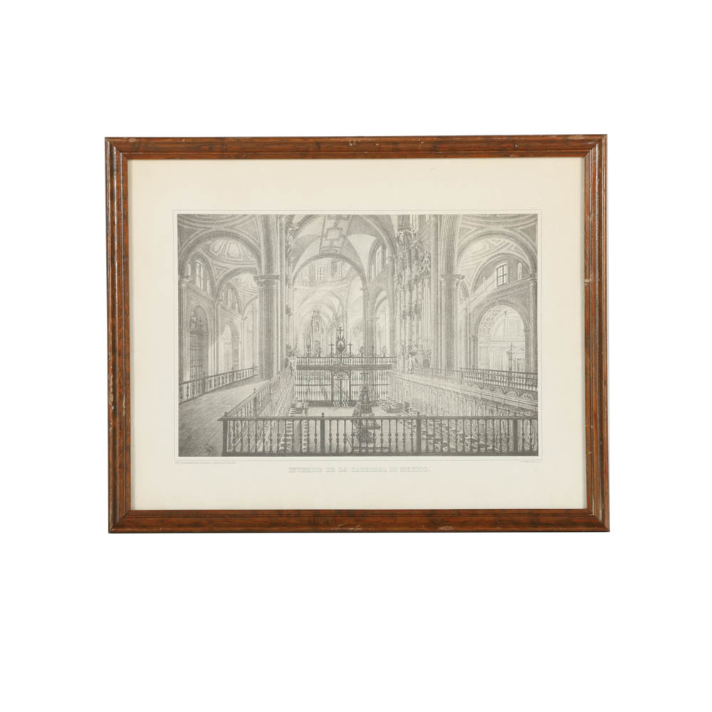 Reproduction Print After Pietro Gualdi "Interior de la Catedral de Mexico"