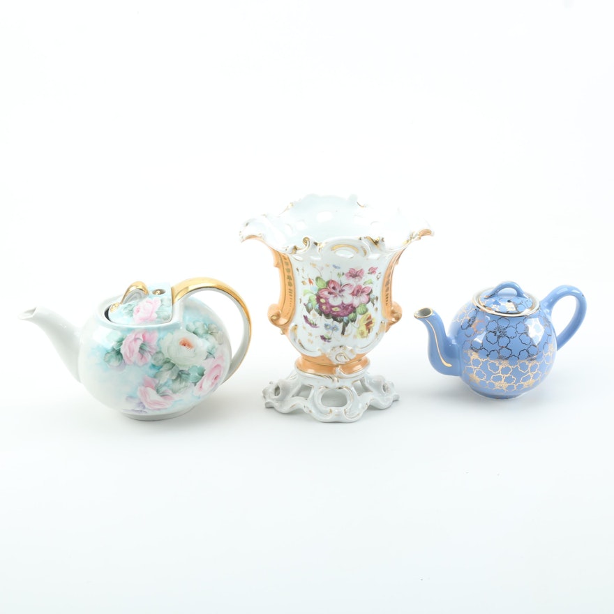 Hall China "French Flower" and Hand-Painted Teapots with Vase