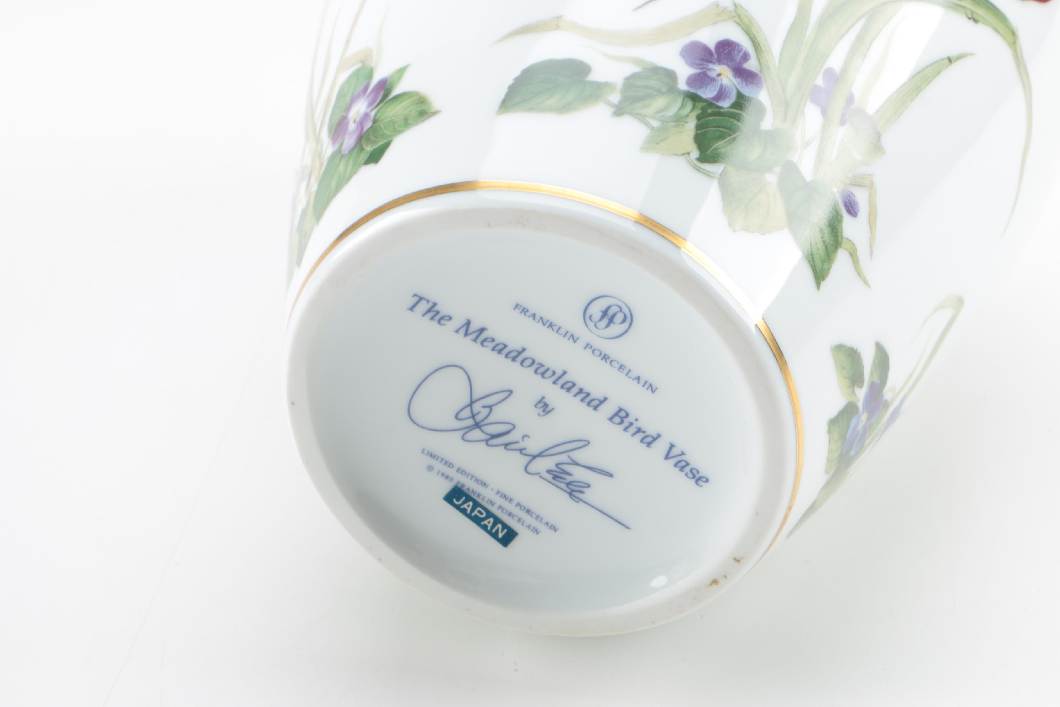 1980 Franklin Porcelain "The Meadowland Bird Vase" by Basil Ede