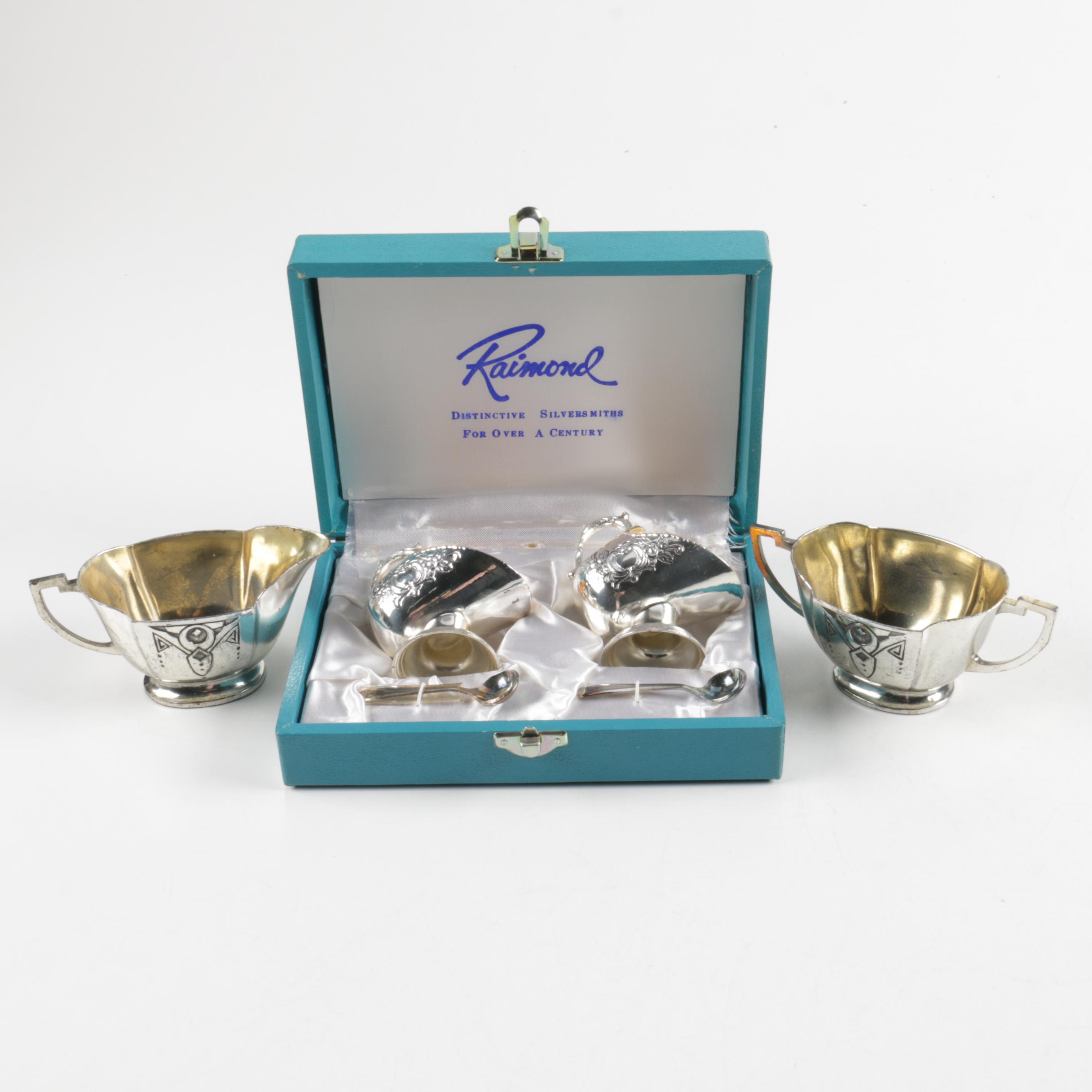 Raimond Silver Plate Salt Cellars with Lead and Copper Sugar Bowl and Creamer