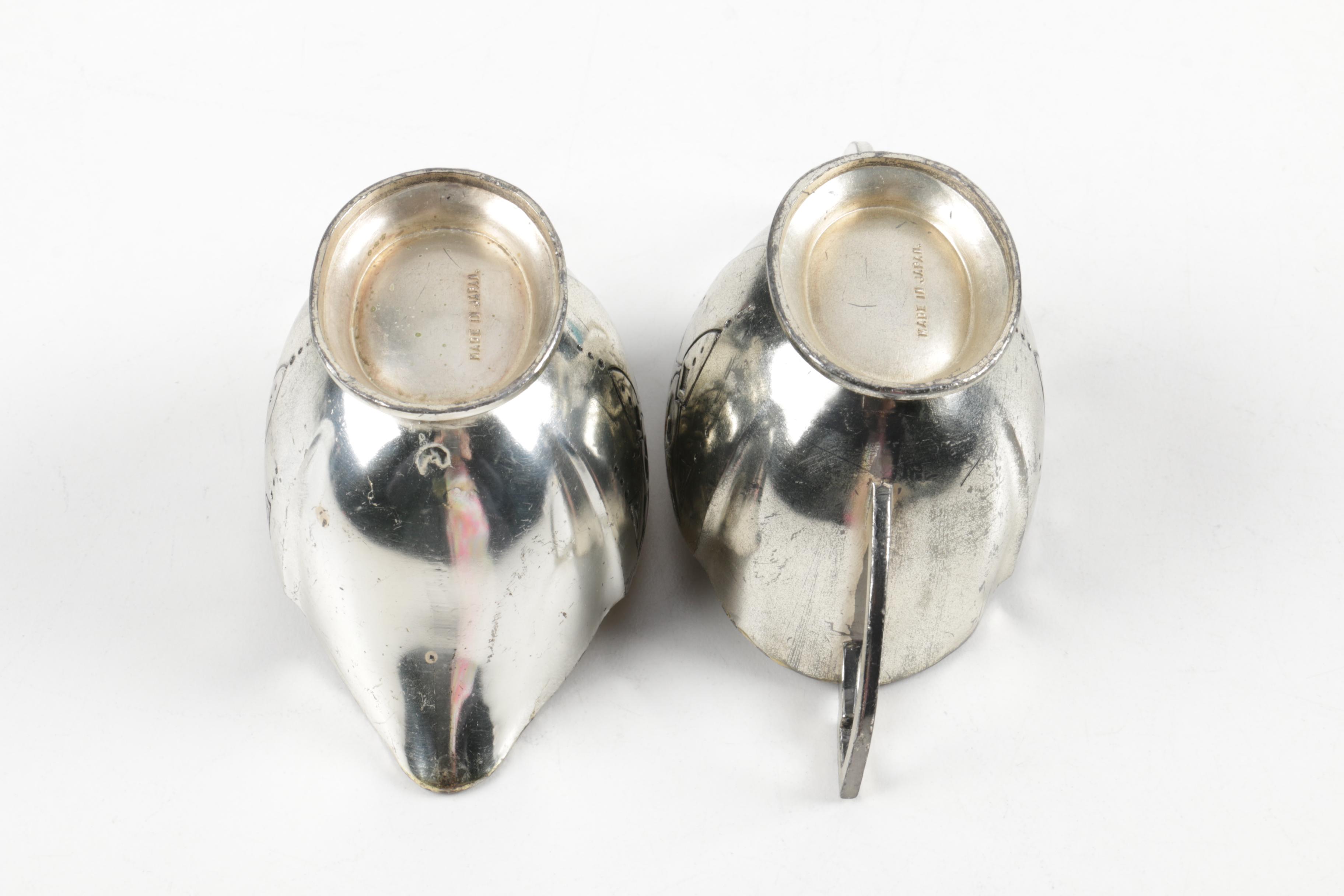 Raimond Silver Plate Salt Cellars with Lead and Copper Sugar Bowl and Creamer