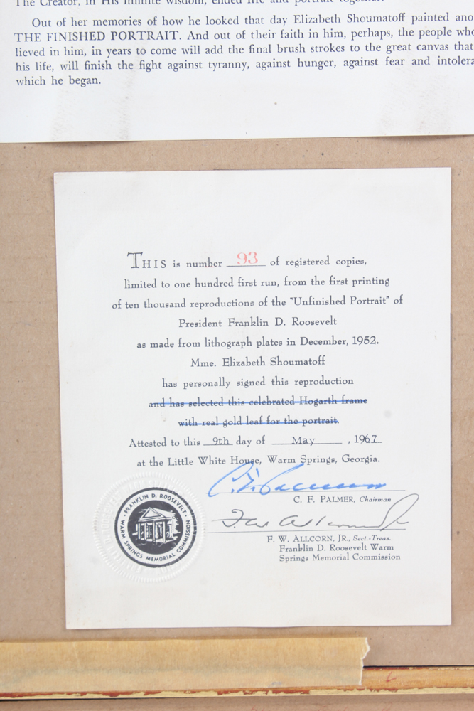 Signed Elizabeth Shoumatoff Limited Edition Print "The Unfinished Portrait"