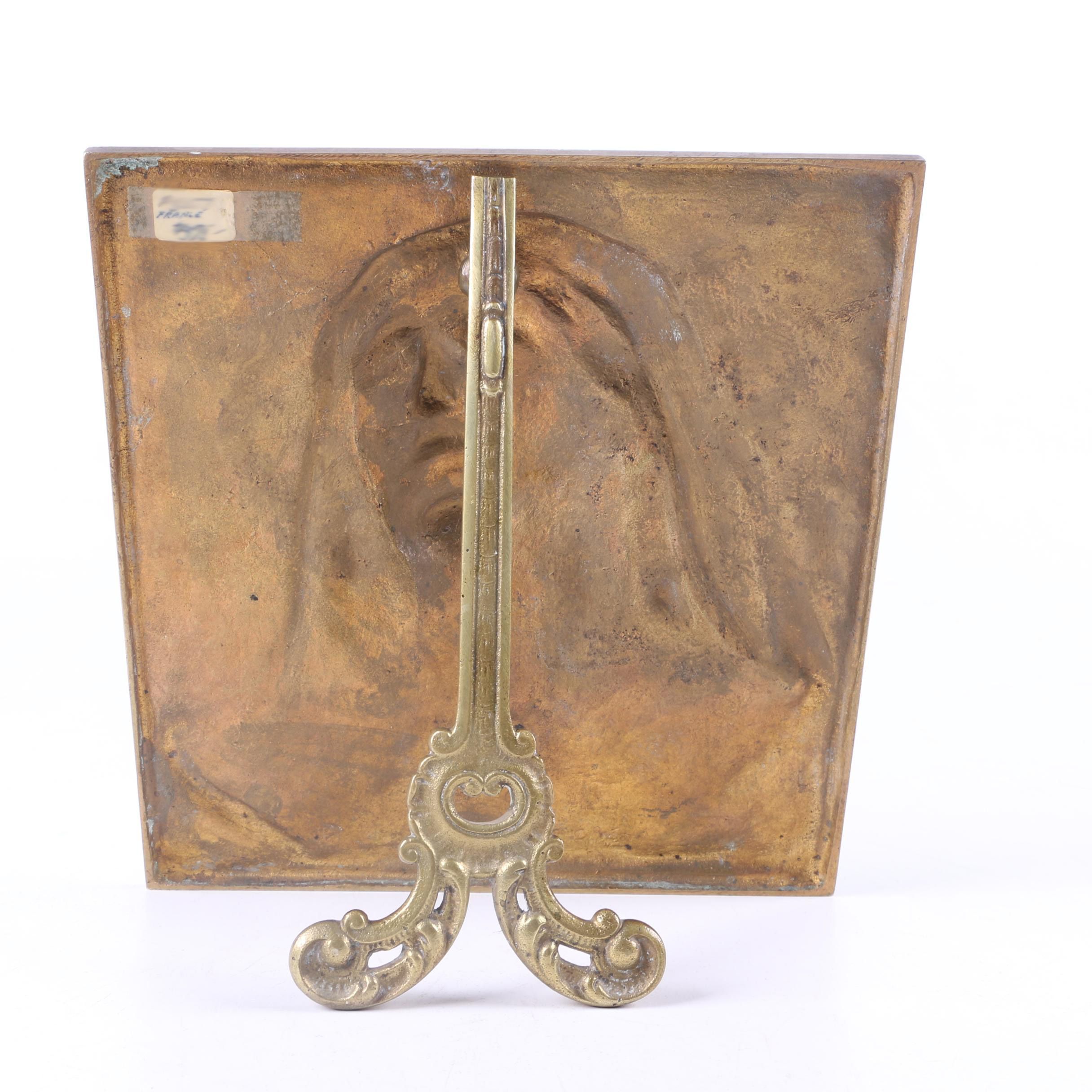 Vintage French Brass Relief Plaque of the Madonna or Saint