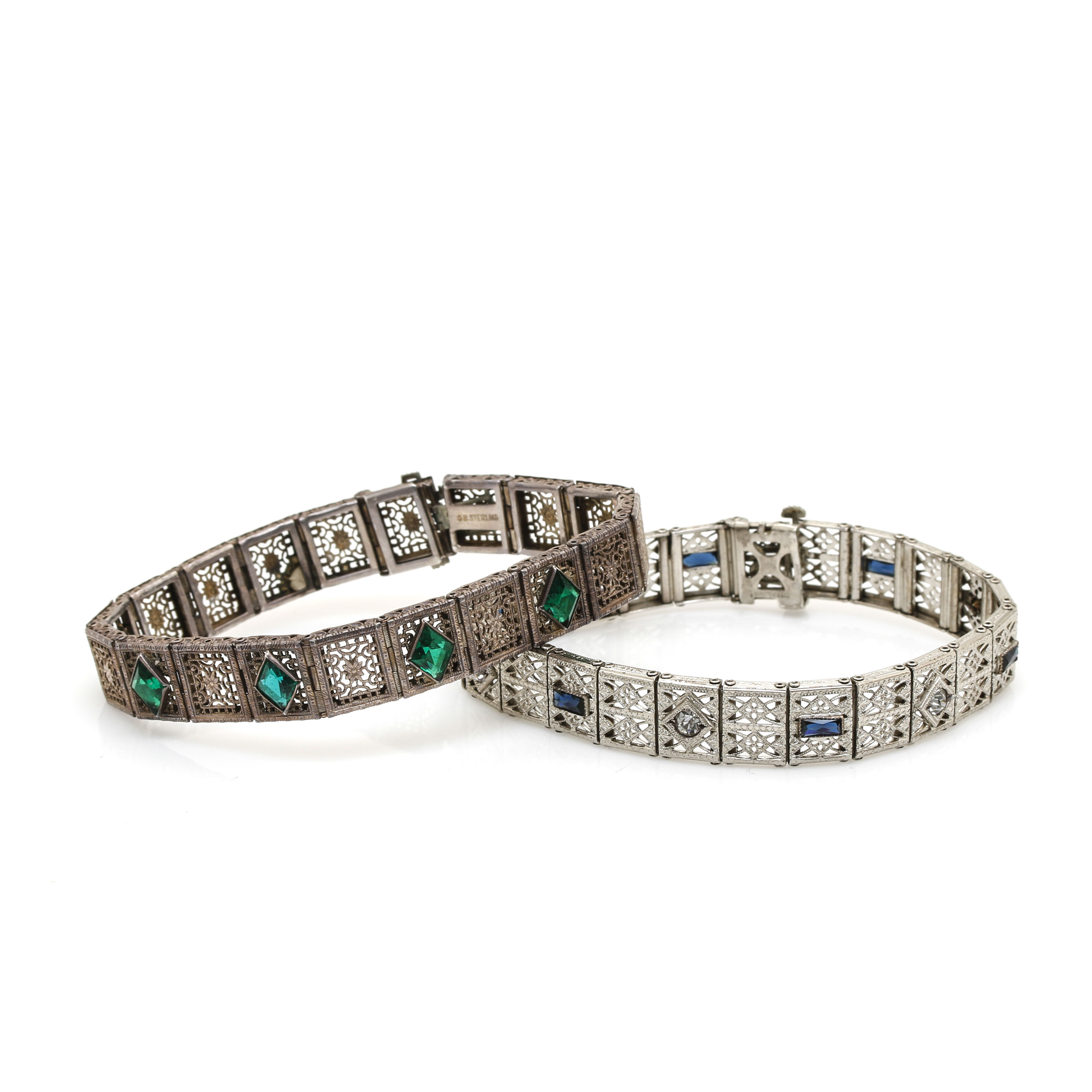 Art Deco Sterling Silver Glass Filigree Bracelets