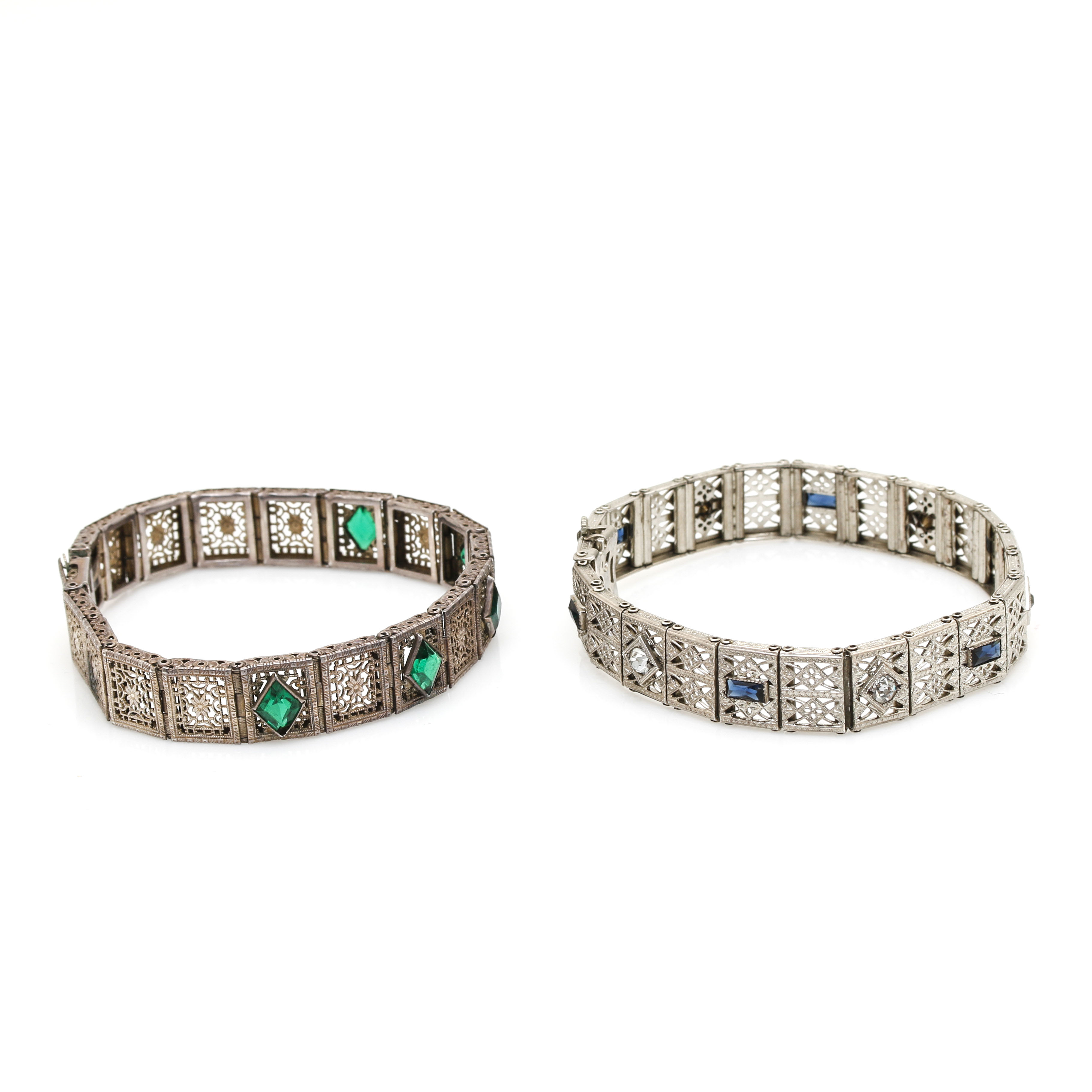Art Deco Sterling Silver Glass Filigree Bracelets