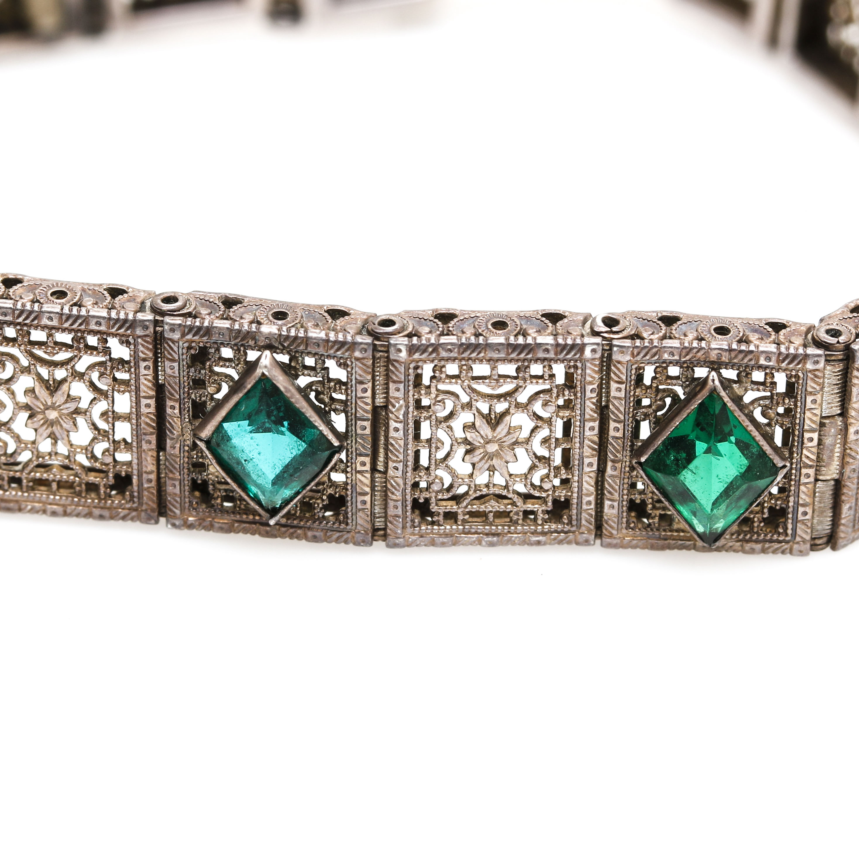 Art Deco Sterling Silver Glass Filigree Bracelets