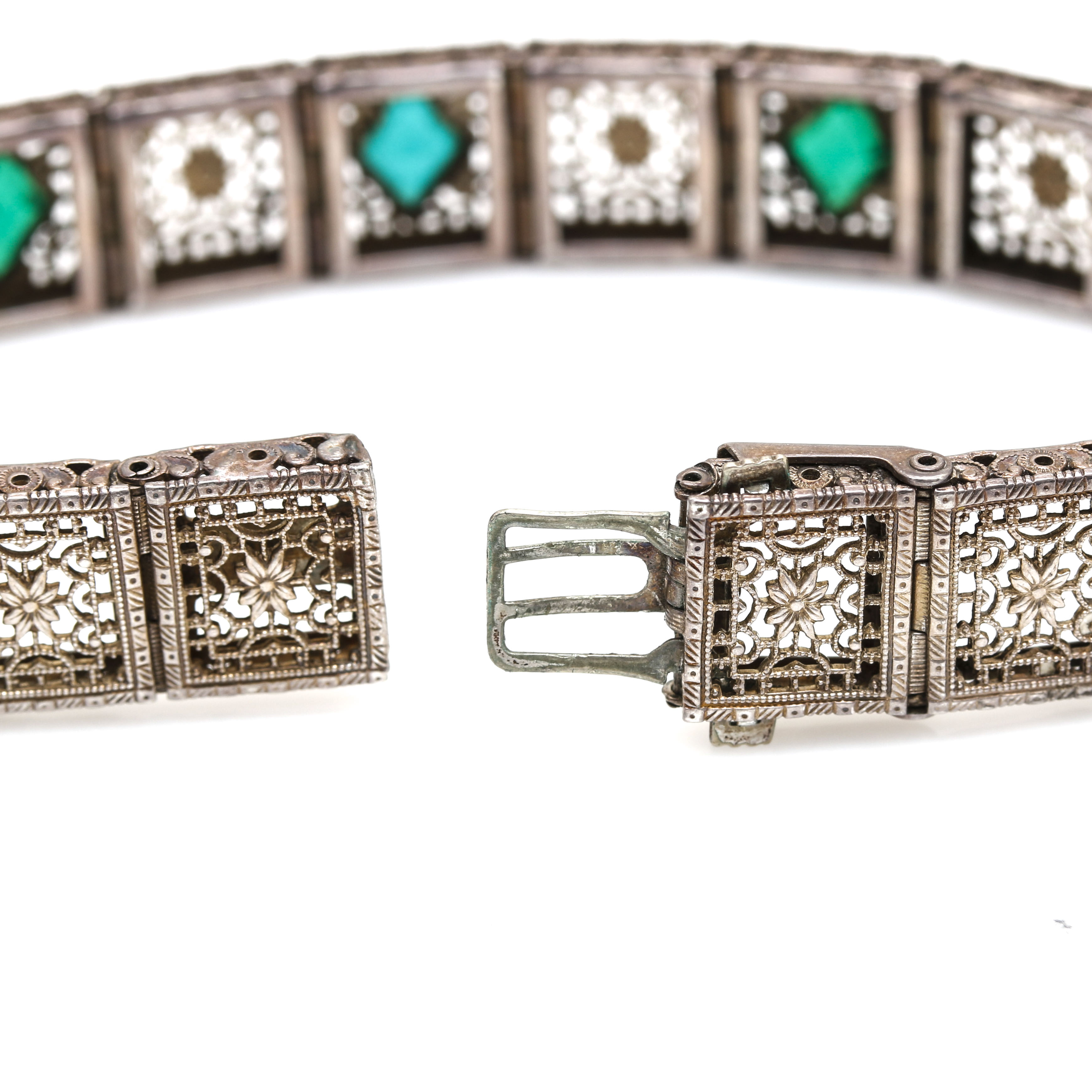 Art Deco Sterling Silver Glass Filigree Bracelets