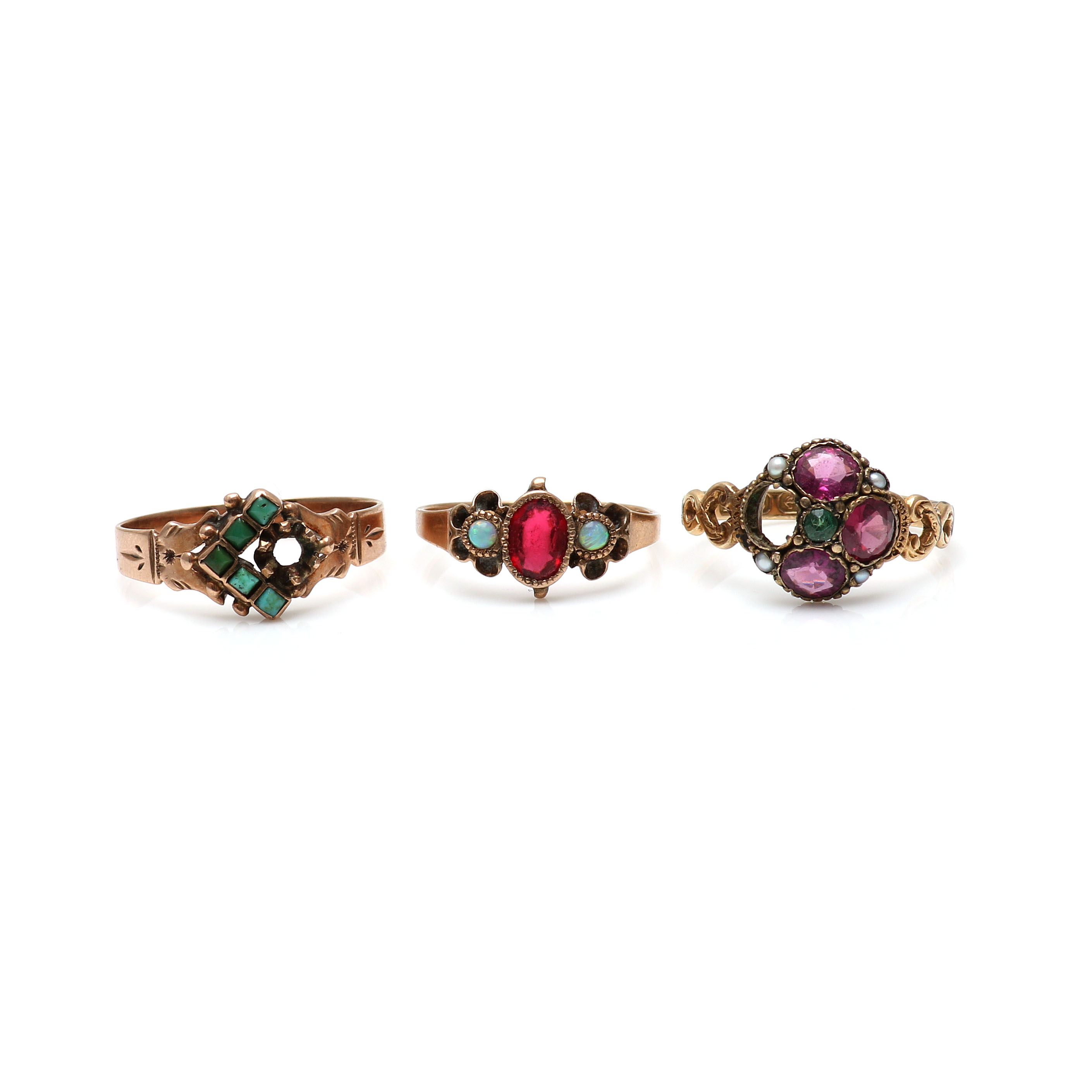 Three Victorian 10K Yellow Gold Mixed Gemstone Rings
