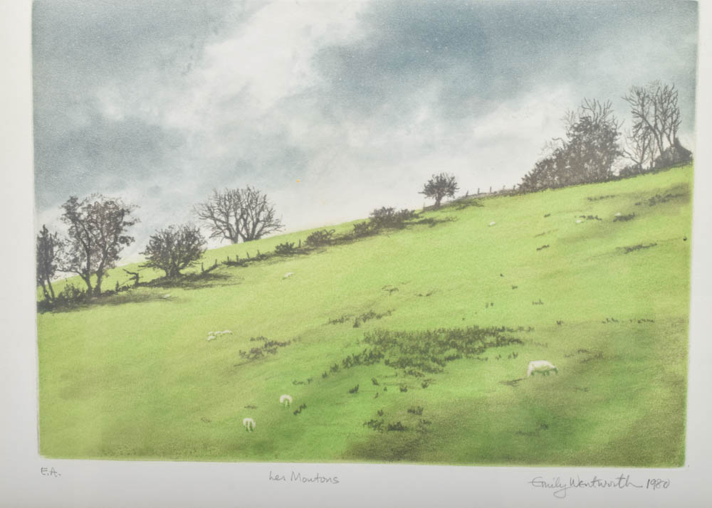 Emily Wentworth Hand Colored Etching "Les Moutons"