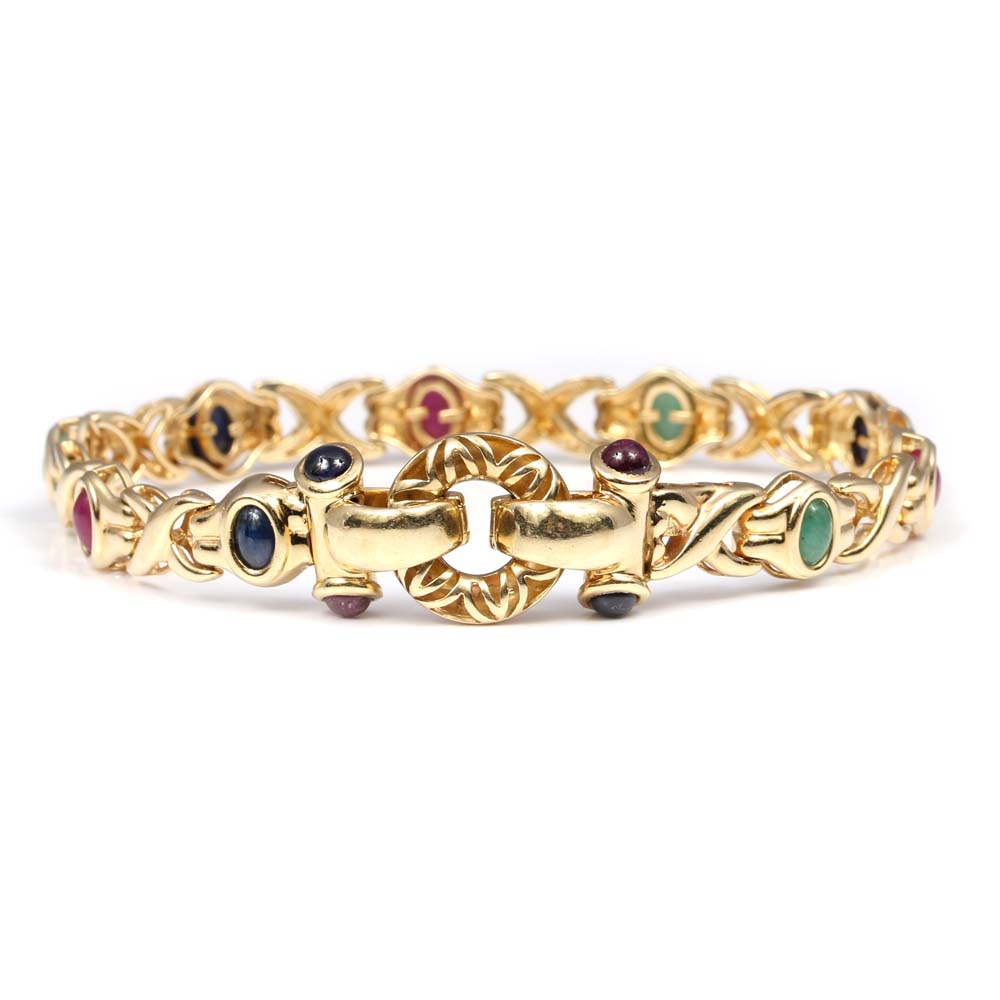 14K Yellow Gold Emerald, Ruby, and Sapphire Bracelet