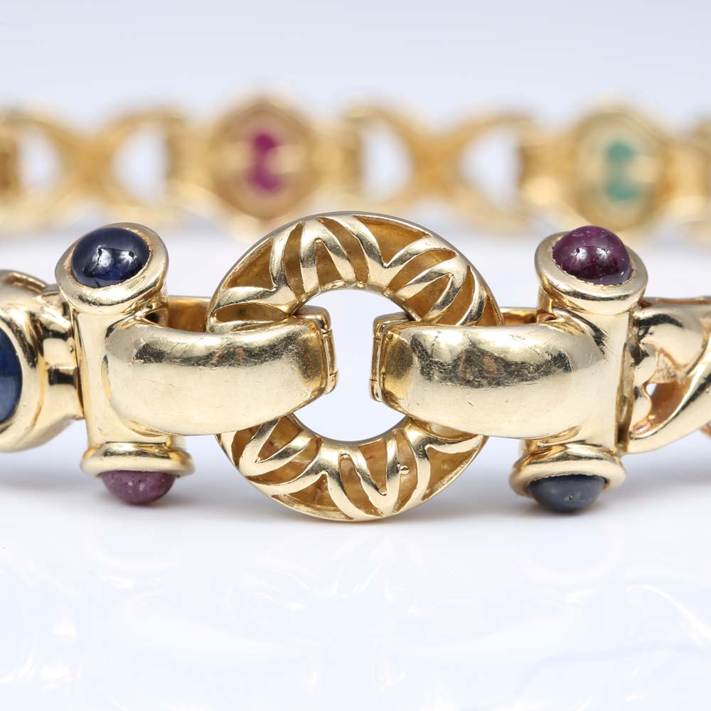 14K Yellow Gold Emerald, Ruby, and Sapphire Bracelet