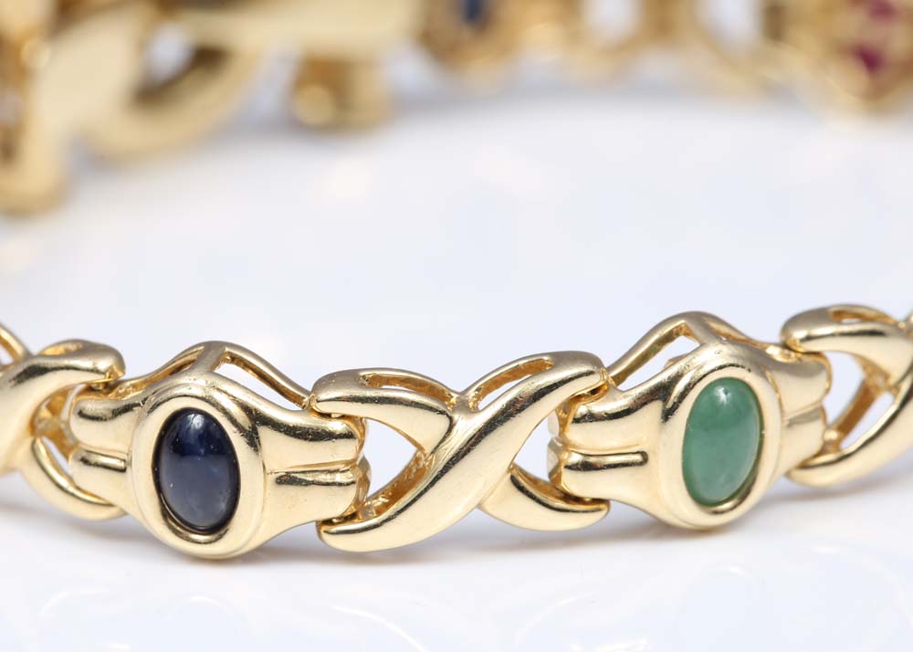 14K Yellow Gold Emerald, Ruby, and Sapphire Bracelet