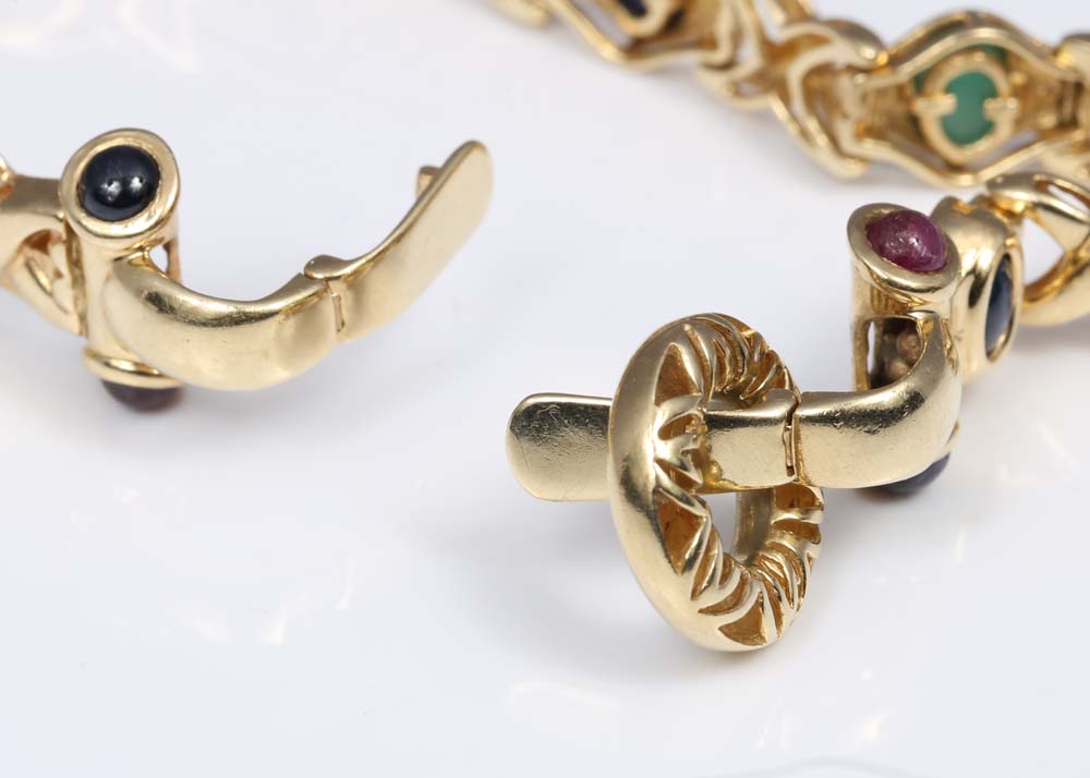 14K Yellow Gold Emerald, Ruby, and Sapphire Bracelet