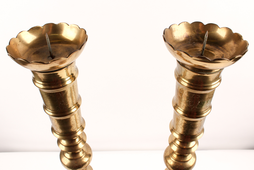 Vintage Engraved Brass Pillar Candle Holders