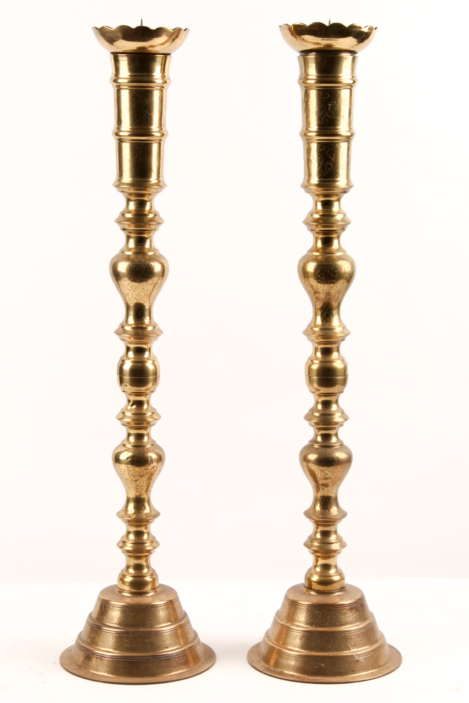 Vintage Engraved Brass Pillar Candle Holders