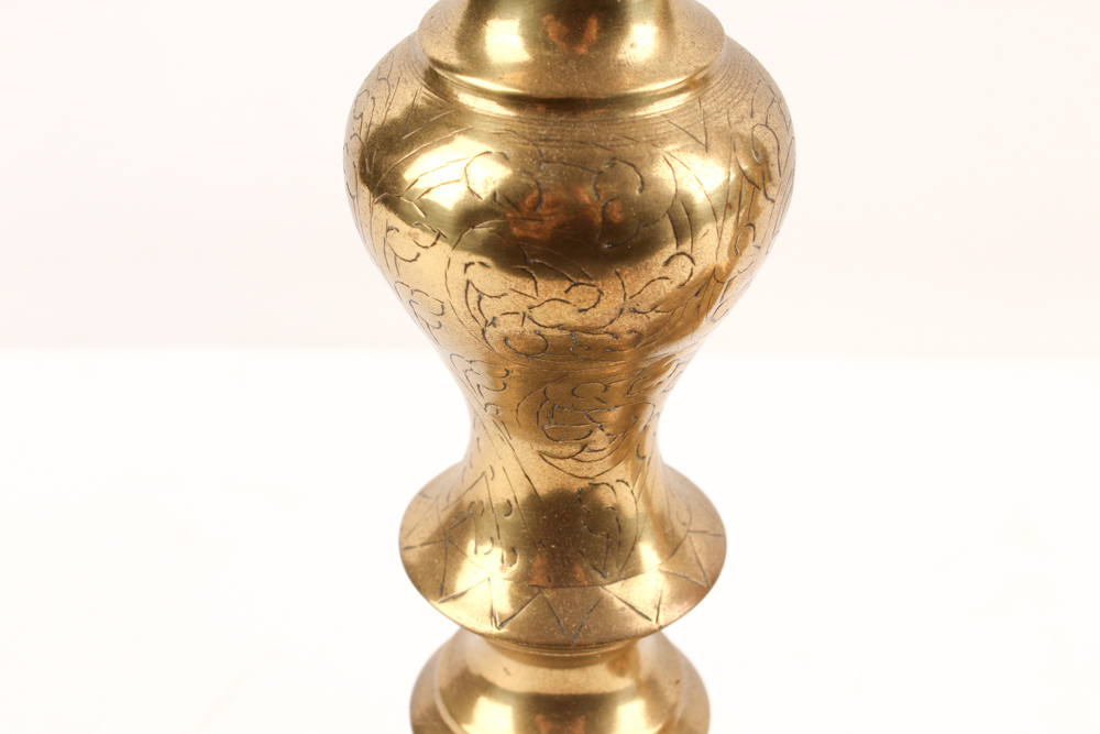 Vintage Engraved Brass Pillar Candle Holders