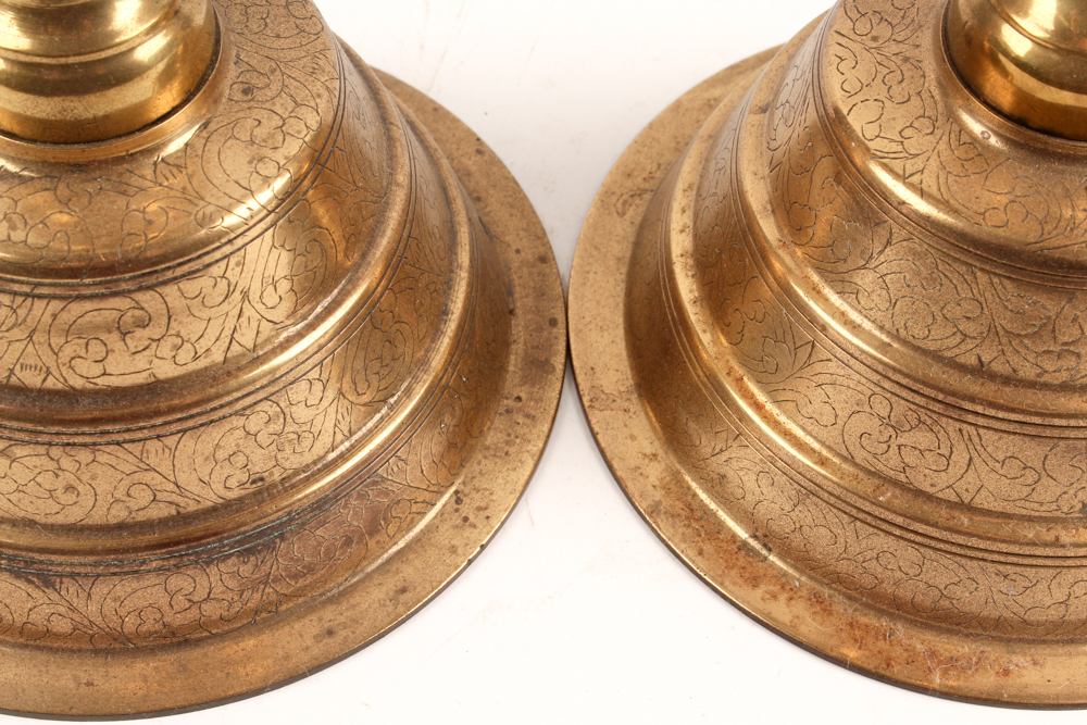 Vintage Engraved Brass Pillar Candle Holders