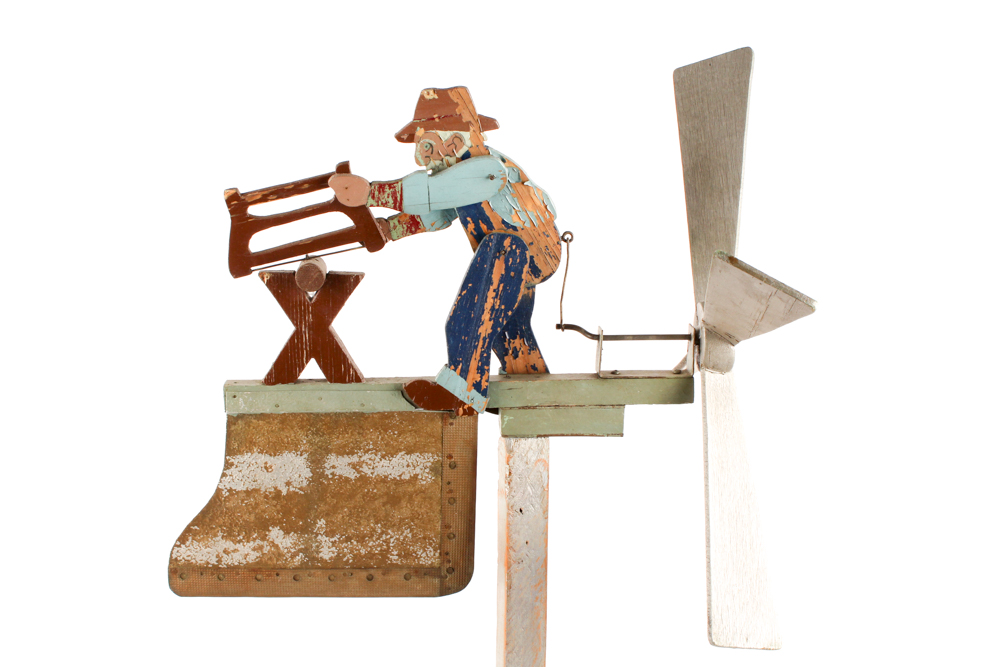Handmade Kentucky Folk Art Whirligig with Man Sawing Log