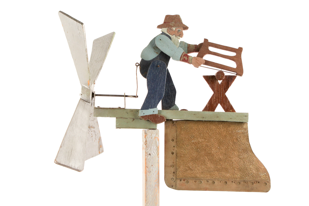 Handmade Kentucky Folk Art Whirligig with Man Sawing Log
