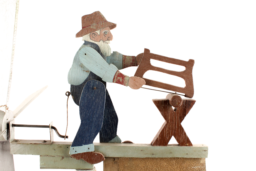 Handmade Kentucky Folk Art Whirligig with Man Sawing Log