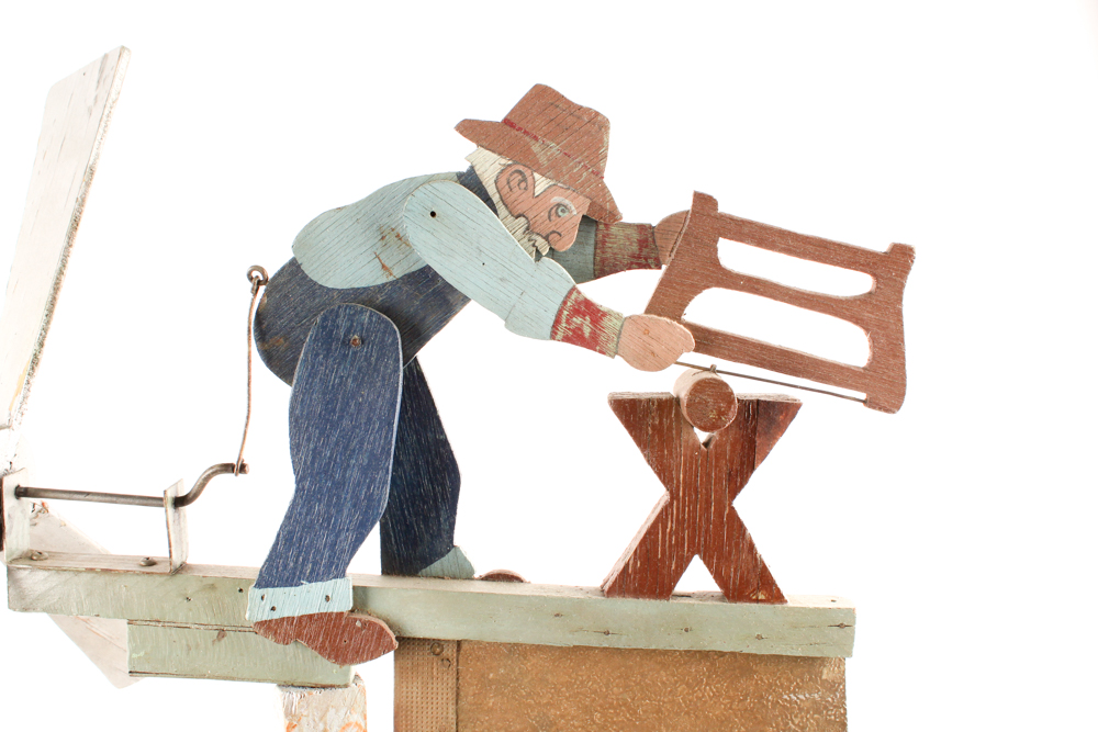 Handmade Kentucky Folk Art Whirligig with Man Sawing Log