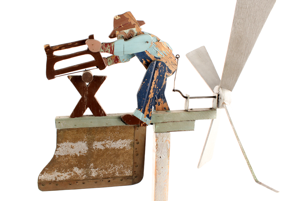 Handmade Kentucky Folk Art Whirligig with Man Sawing Log