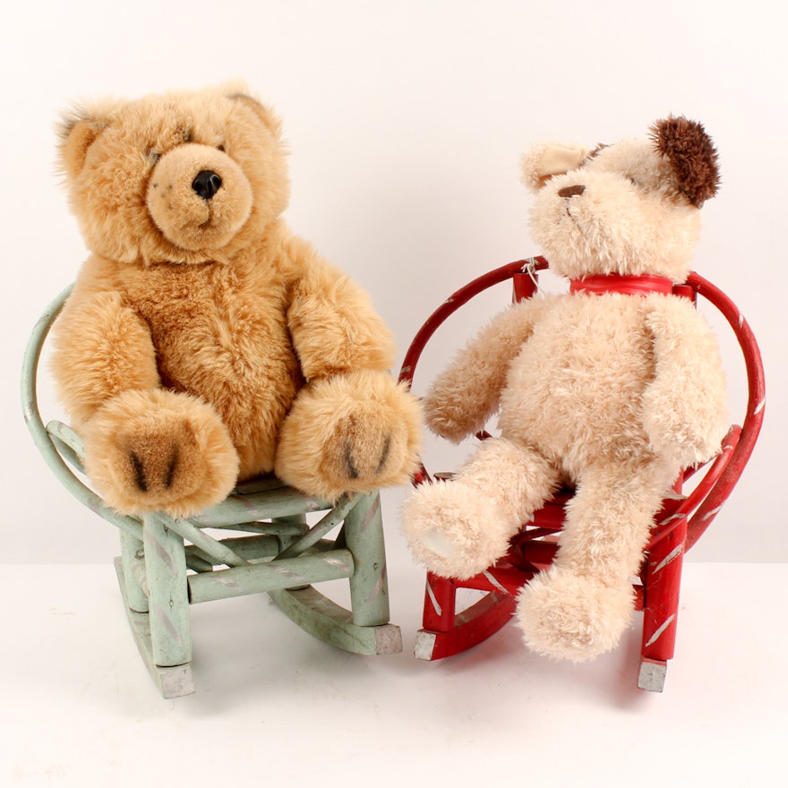 Folk Art Bent Wood Rocking Chairs with Stuffed Animals