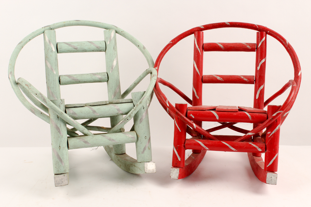 Folk Art Bent Wood Rocking Chairs with Stuffed Animals