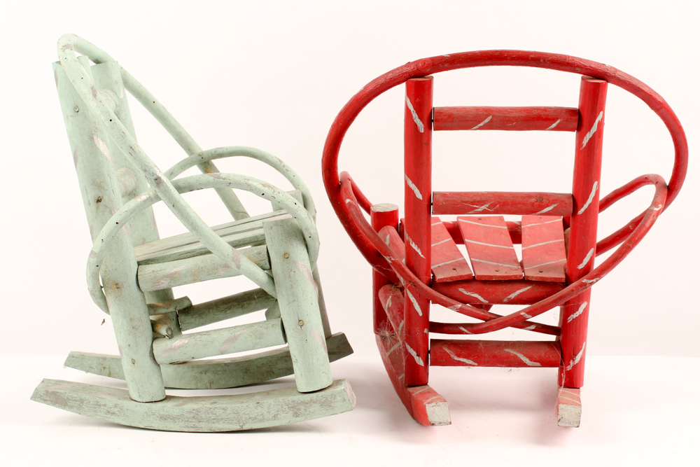 Folk Art Bent Wood Rocking Chairs with Stuffed Animals