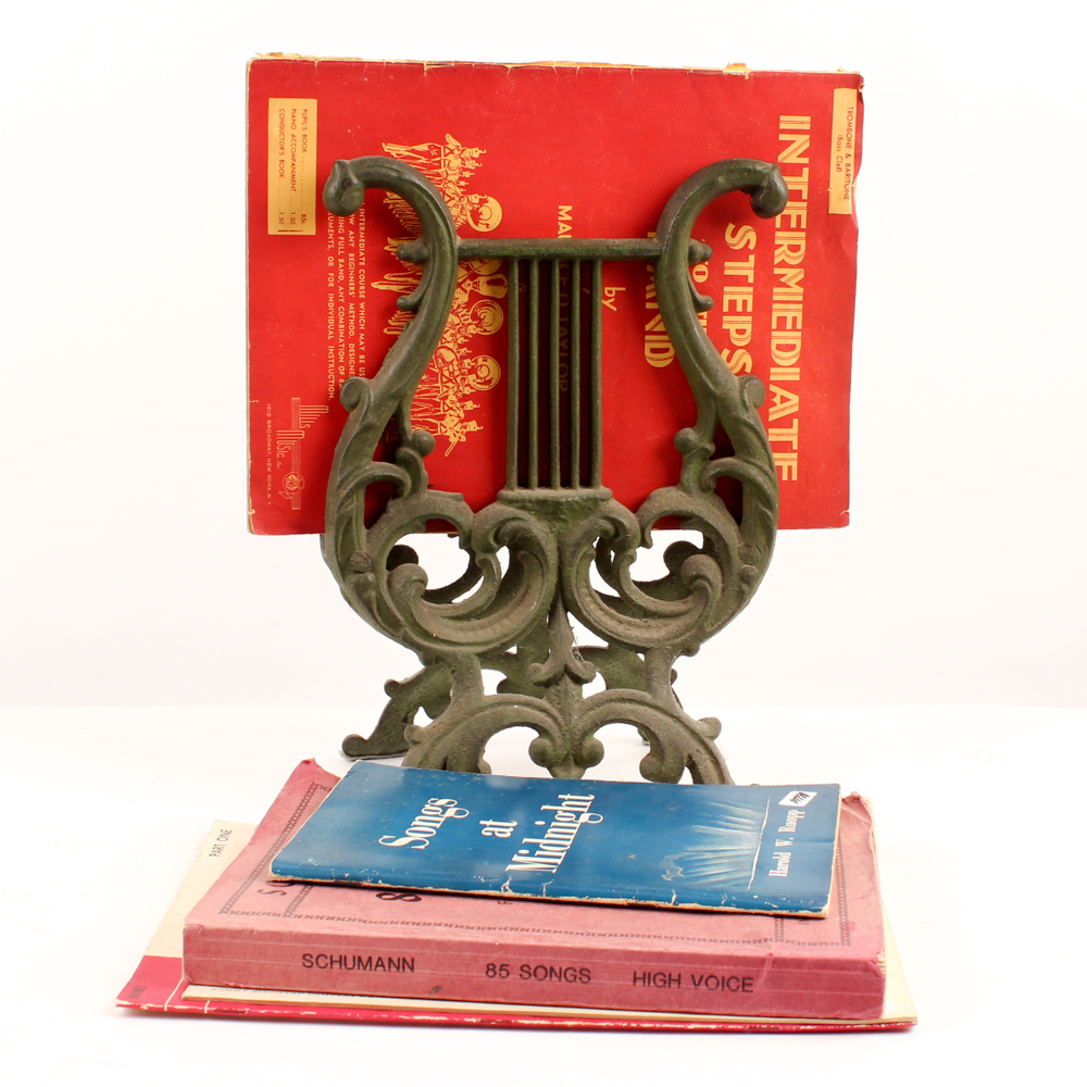 Vintage Cast Iron Harp Motif Music Holder With Instruction and Sheet Music Books