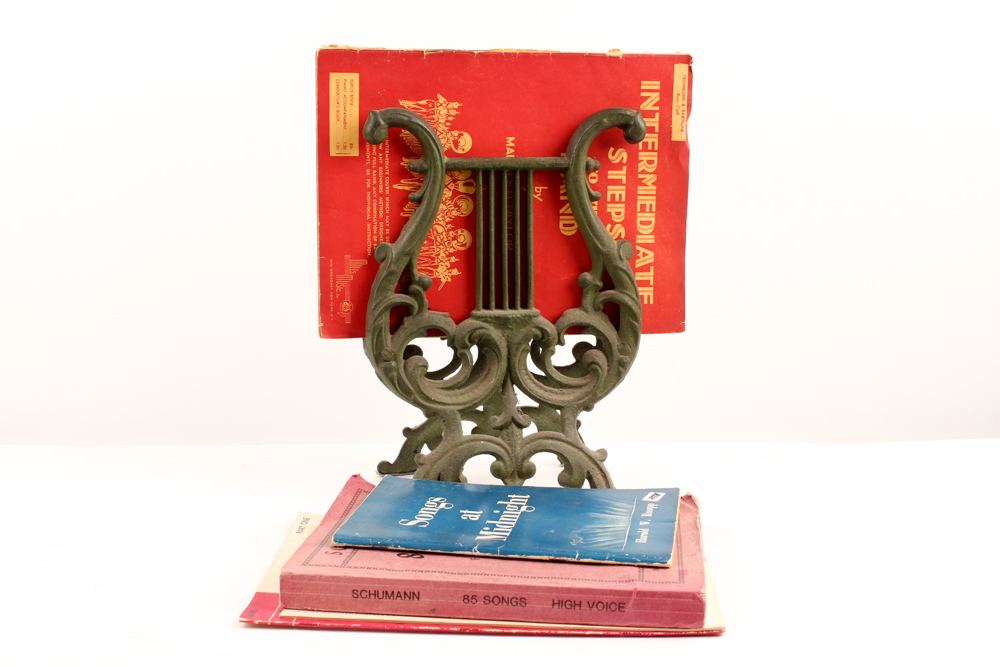 Vintage Cast Iron Harp Motif Music Holder With Instruction and Sheet Music Books