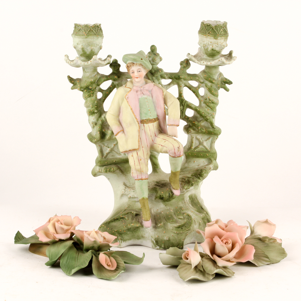 Bisque Figural Candelabra and Capodimonte Floral Decor