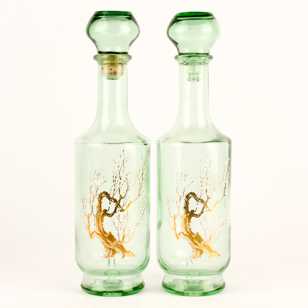 Pair Vintage Painted Glass Decanters