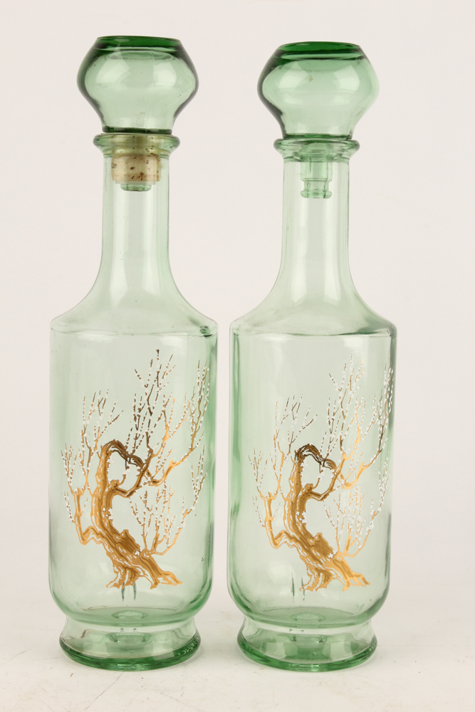 Pair Vintage Painted Glass Decanters