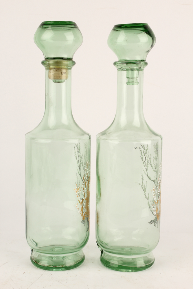 Pair Vintage Painted Glass Decanters