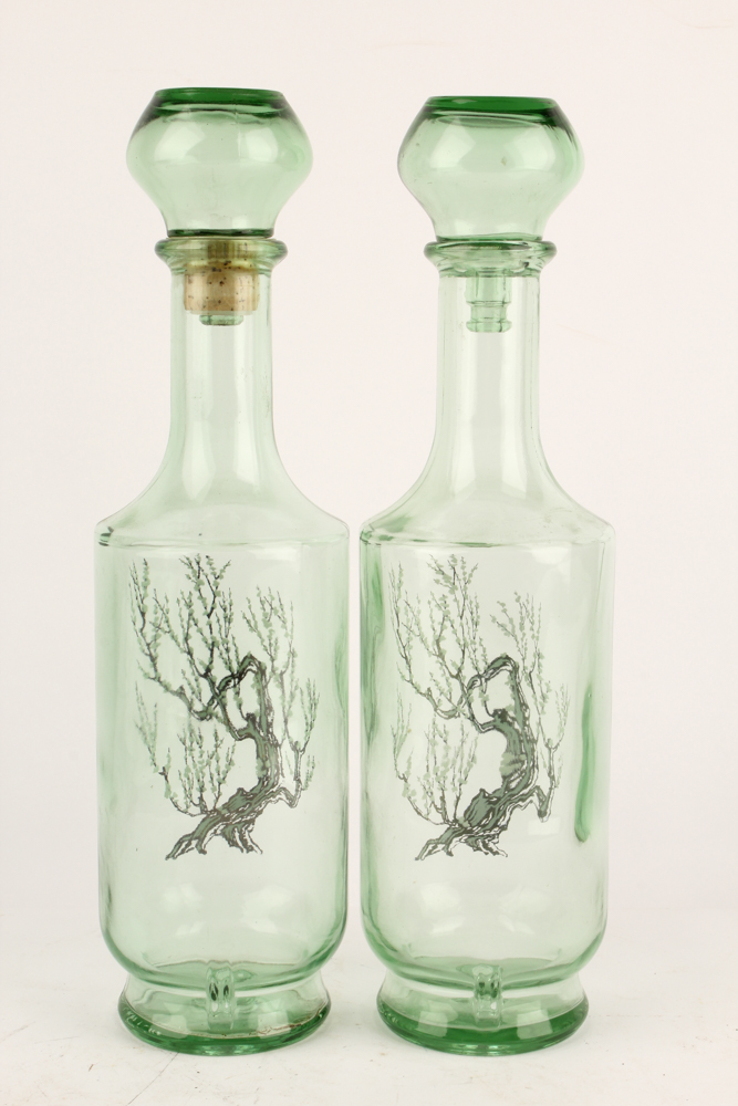 Pair Vintage Painted Glass Decanters