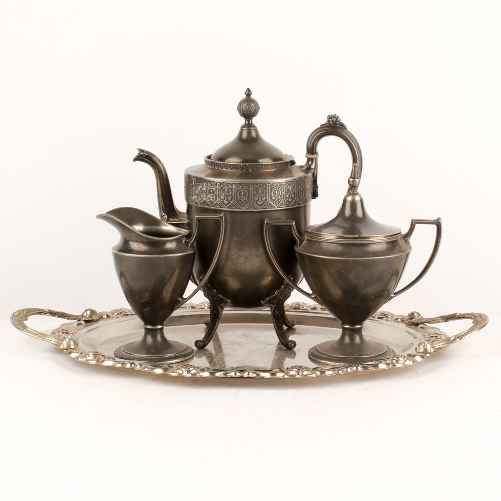 Antique Reed & Barton Silver Plate Coffee Pot with Pairpoint Creamer and Sugar